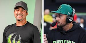 South East Melbourne Phoenix majority owner Romie Chaudhari and tennis star Nick Kyrgios,who is part of the team’s ownership group. 