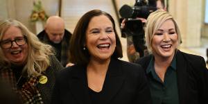 Sinn Féin’s Mary Lou McDonald and Michelle O’Neill react after addressing the media on the imminent return of the Northern Ireland government.