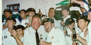 The Australian Cricket team celebrates winning the fourth test against the West Indies in Adelaide. They retain the Frank Worrell Trophy. January 28,1996. (Photo by David Gray).