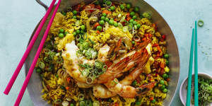 "Singapore"fried rice with prawns.