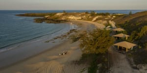 Banubanu Beach Retreat sits on a crescent-shaped white sand beach,lined with safari tents. 