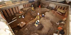 An archaeological dig in the grounds of Leicester Cathedral. Experts said they have uncovered what they believe to be a Roman shrine beneath a former graveyard in central England. 