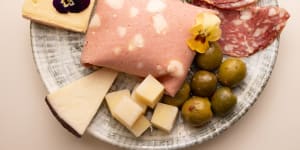 Antipasto for one,with mortadella-wrapped stracciatella (centre).