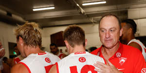 Swans coach John Longmire congratulates Braeden Campbell after Friday night’s victory over Collingwood.