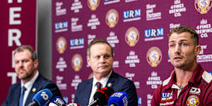 Manly CEO Jason King (left) with owner Scott Penn and interim coach Kieran Foran.