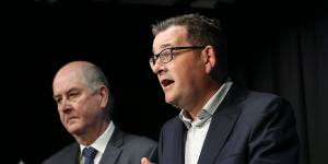 Victorian Premier Daniel Andrews,right,and Planning Minister Richard Wynne announce the $600 million cladding fund. 