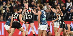 Collingwood players celebrate on the final siren.