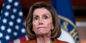 Speaker of the House Nancy Pelosi reacts to the Supreme Court decision overturning Roe v. Wade,during a news conference at the Capitol in Washington.