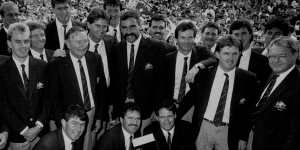 Laurie Sawle with the victorious Australian Ashes touring team of 1989 during a ticker-tape parade in Sydney.