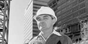 Stan Sharkey President of the building workers industrial union on the site of the Grosvenor Building,1984.