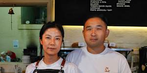 Joe Shin with wife Hwayoung at the Convent Bakery at the Abbotsford Convent on Thursday.