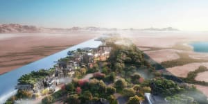 An artist’s impression of Neom,a city powered entirely by renewable energy.