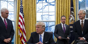 Peter Navarro (far right) in the Oval Office in 2017 with (from left) US Vice-President Mike Pence,President Donald Trump and then White House chief of staff Reince Priebus.