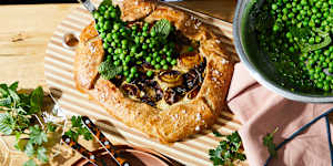 Springtime pea galette with herby goat’s cheese.