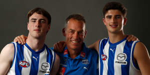 George Wardlaw (left) and Harry Sheezel with Alastair Clarkson after they were drafted last year.