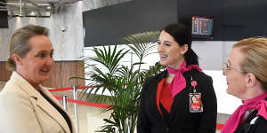 Working the crowd:New Qantas chief Vanessa Hudson (left) meets staff at Melbourne Airport.