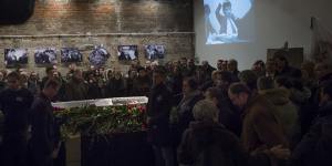 People gather to pay their last respects at the coffin of Boris Nemtsov during the farewell ceremony.