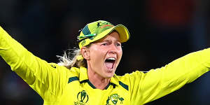 Meg Lanning celebrates after Australia’s World Cup win.