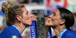 Millie Bright and Sam Kerr celebrate Chelsea’s Women’s Super League title earlier this year.