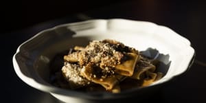 Slappy tubes of paccheri pasta are partnered with kangaroo tail ragu