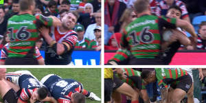 Clockwise from top left:33rd minute - Burgess hits Angus Crichton;42nd minute - Burgess collects Joseph Suaalii;51st minute - Waerea-Hargreaves slams Burgess’ head into the ground;61st minute - Tevita Tatola rubs Egan Butcher’s face into the turf,sparking a melee.