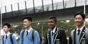 Sydney Boys High School students Joshua Lau,Nirosh Prabaharan,Dawon Kim and Doowon Kim return to school after the coronavirus lockdown. 