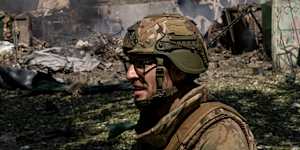 A soldier from Ukraine’s 33rd Separate Mechanised Brigade at the scene where a Russian glide bomb struck minutes earlier near Pokrovsk earlier this year.