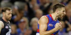 Bulldogs skipper Marcus Bontempelli celebrates a goal during his side’s clash with Carlton at Marvel Stadium.