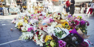 Tributes to the victims at Bondi Junction on Sunday.