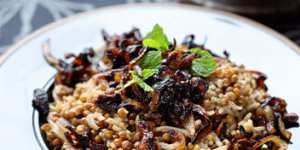 Middle Eastern lentils and rice with blackened onions