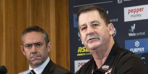Ross Lyon,right,during a press conference with former Saints CEO Simon Lethlean.