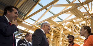Prime Minister Scott Morrison,Housing Minister Michael Sukkar MP meet builders in Officer in February. Mr Sukkar says the Morrison government was doing more in the social and affordable housing space than any other federal government before it.
