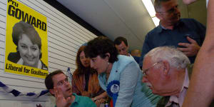 David Barnett,right,with wife Pru Goward at her Goulburn electoral office with campaign director Martin Laverty,left,in 2007