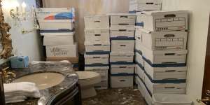 This image,contained in the indictment against former President Donald Trump,shows boxes of records stored in a bathroom and shower in the Lake Room at Trump’s Mar-a-Lago estate in Florida.
