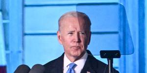 US President Joe Biden delivers a speech at the Royal Castle in Warsaw.