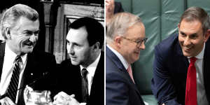 Bob Hawke and Paul Keating at the 1985 tax summit;Anthony Albanese and Jim Chalmers 38 years later.