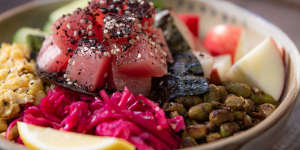 Peter Rabbit’s vibrant Rabbit Bowl,with tuna sashimi,rice,cucumber,pickled cabbage,miso,edamame and charred corn.