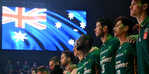 Jackjumpers players stand for the national anthem during game two of the NBL semi-final series against Perth Wildcats.