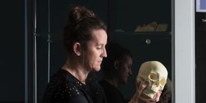 'We found the missing 20,000 years':Dr Kira Westaway at Macquarie University's'Homo floresiensis'display.