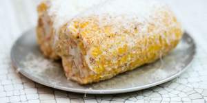 Haloumi-covered corn elotes.