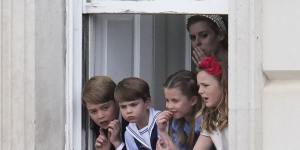 Princess Beatrice in the background wearing one of her signature embellished headbands with Prince George,Princess Charlotte and Prince Louis during Trooping The Colour.