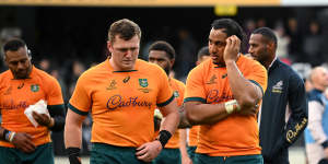 Wallabies Angus Bell and Pone Fa’amausili after Saturday’s loss to the All Blacks.