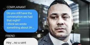 Jarryd Hayne outside the NSW District Court last year,and a mockup of messages between the complainant and a friend.