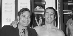 Carlton’s Brent Crosswell with coach Ron Barassi in the changing rooms after Carlton defeated Collingwood in the final round of the season in 1971.