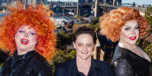 WorldPride chief executive Kate Wickett (centre) is pictured with Raquel Feltch and Karma Bites. The Sydney Harbour Bridge will be closed to traffic for a 50,000-strong pride march.