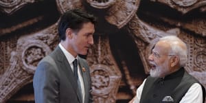 Modi welcomes Trudeau upon his arrival at the G20 Summit in New Delhi this month.