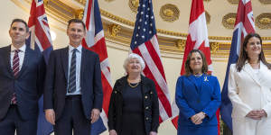 From left:Treasurer Jim Chalmers,British Chancellor of the Exchequer Jeremy Hunt,US Treasury Secretary Janet Yellen,Canadian Deputy PM and Finance Minister Chrystia Freeland,and NZ Finance Minister Nicola Willis.