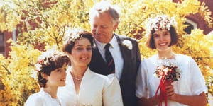 Pru Goward and David Barnett on their wedding day with Pru’s daughters Kate Fischer,12,right and Penny,11.
