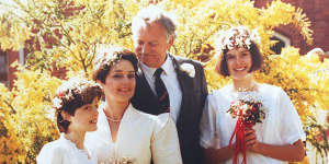 Pru Goward and David Barnett on their wedding day with Pru’s daughters Kate Fischer,12,right and Penny,11.