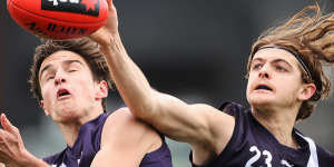 Oliver Wiltshire (right) in action for the Geelong Falcons in the Talent League in 2021.